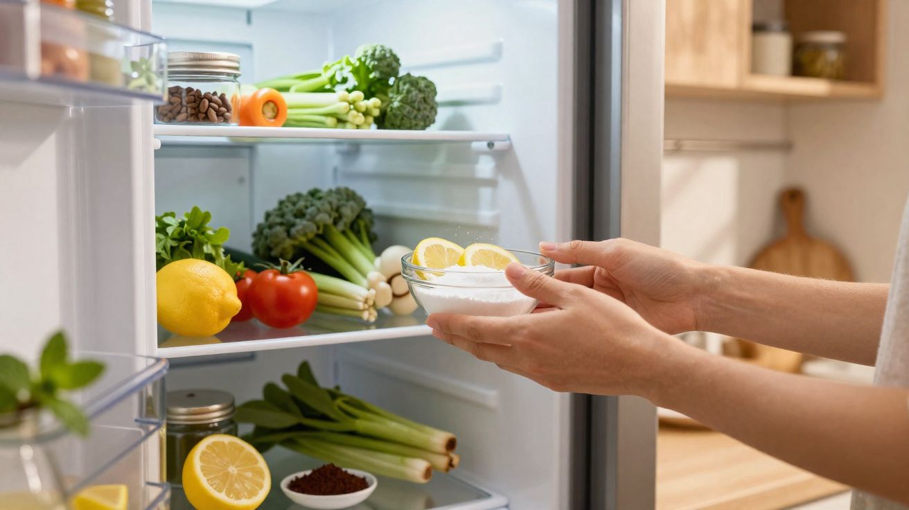 Mãos a colocar taça com limões fatiados e sal numa geladeira cheia de legumes frescos e temperos.