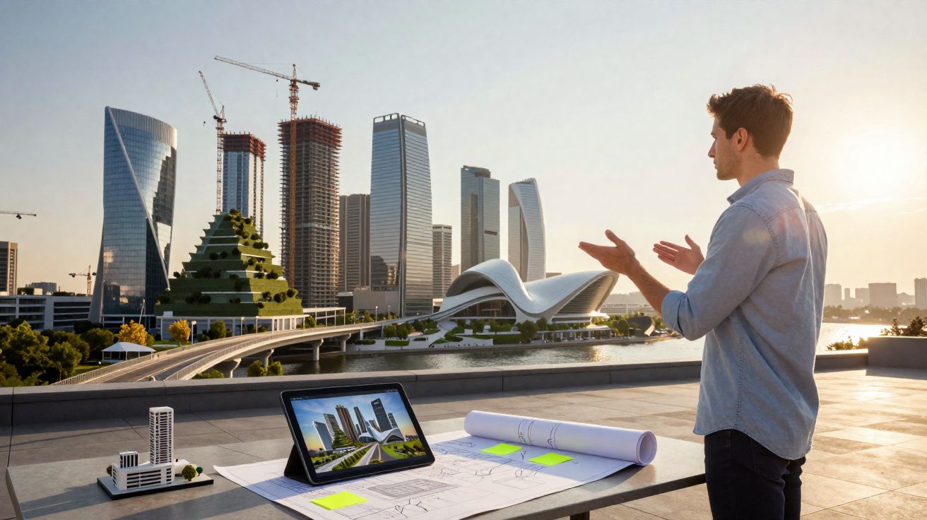 Homem a analisar projeto arquitetónico com maquete e tablet numa varanda com skyline urbano moderno ao fundo.