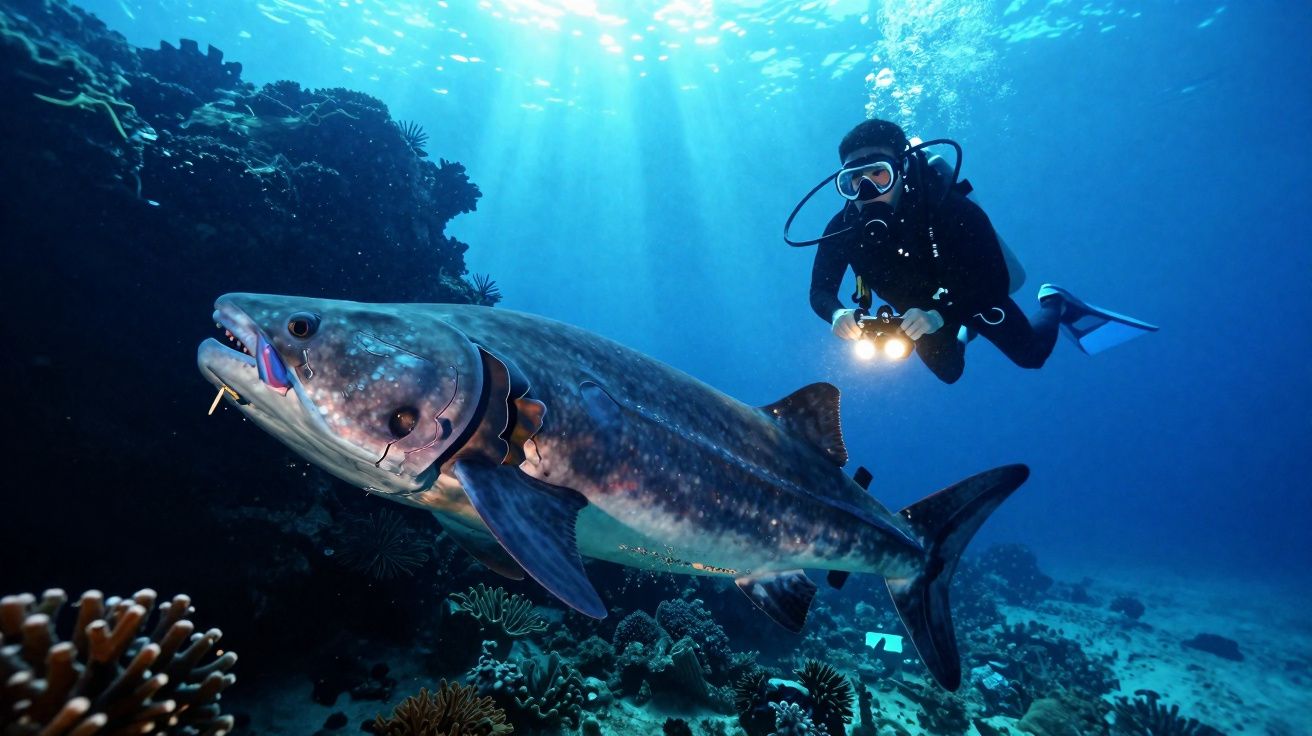 Mergulhador com equipamento a explorar um grande peixe e recife de coral sob luz solar subaquática.