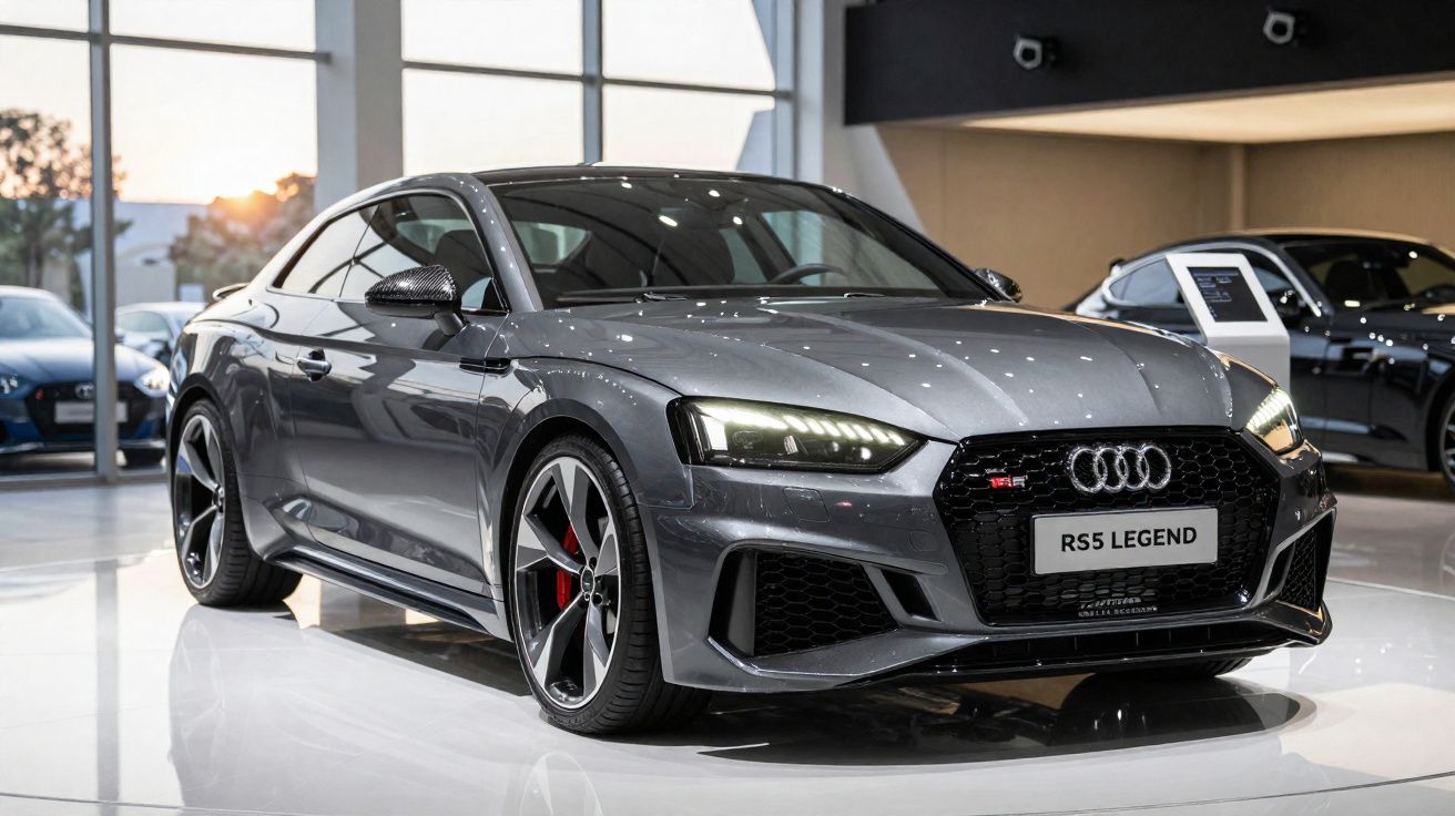 Carro Audi RS5 Legend cinzento estacionado num showroom moderno com chão brilhante.