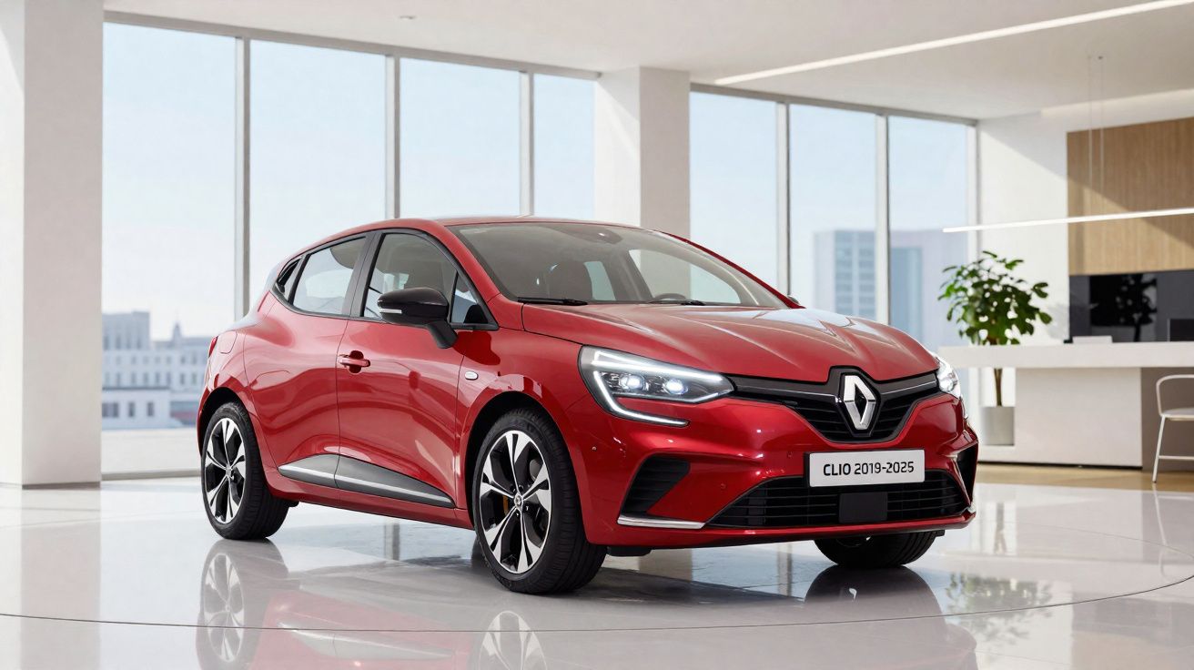 Renault Clio vermelho 2019-2025 exposto em ambiente moderno com chão branco e grandes janelas.