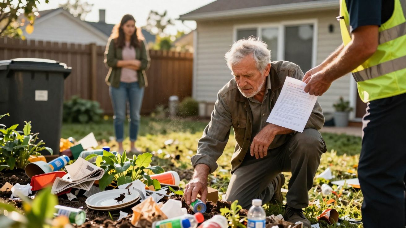Homem idoso examina lixo espalhado no jardim enquanto outra pessoa de colete reflete documento na mão.