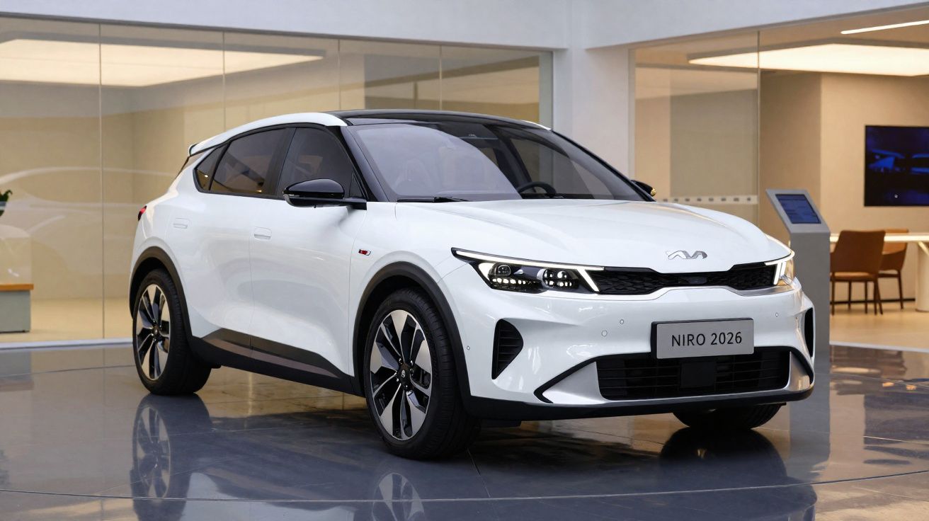Carro elétrico Kia Niro 2026 branco exibido numa sala de exposição moderna com piso reflexivo.
