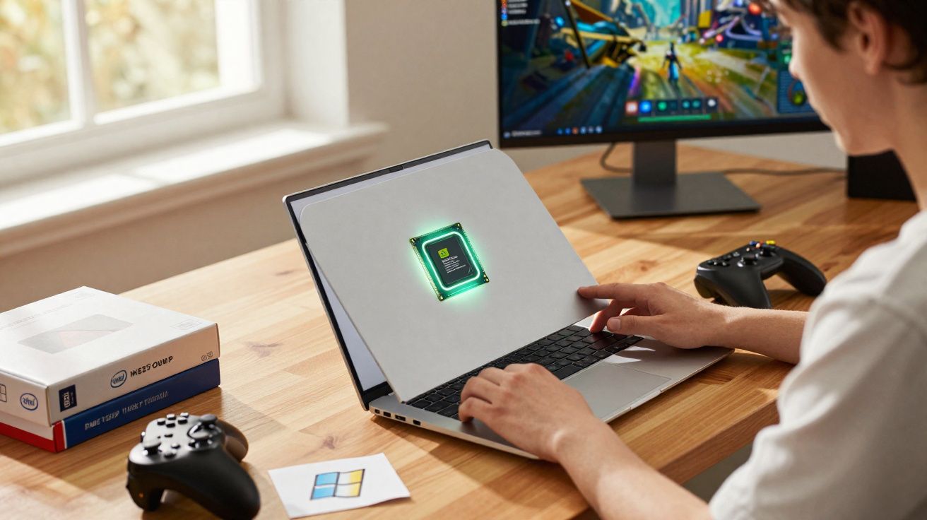 Pessoa a usar um portátil com imagem digital de chip e ecrã de jogo em computador ao fundo numa secretária de madeira.