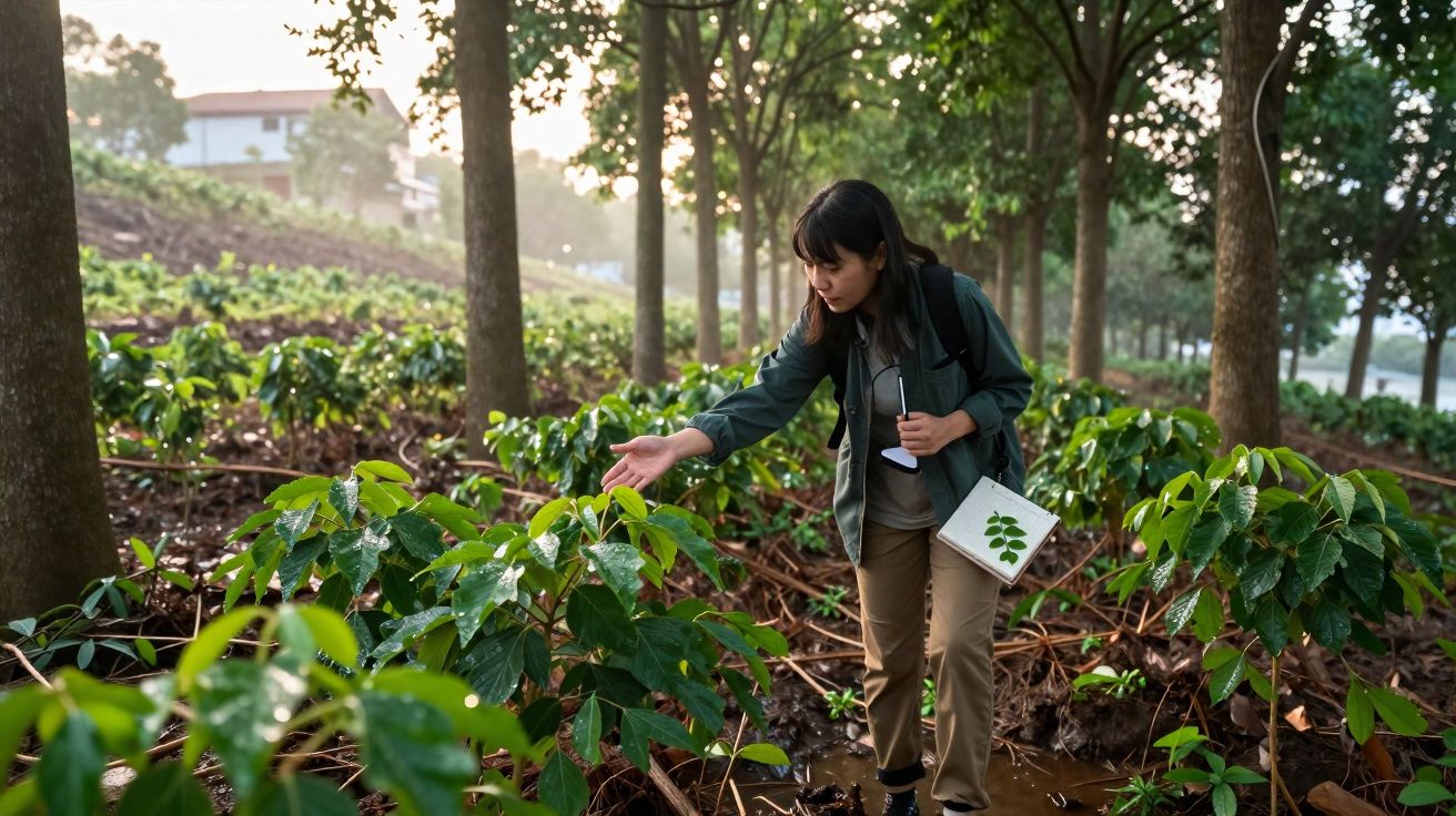 Mulher inspeciona plantas em plantação rodeada de árvores, segurando caderno com desenho de folhas.