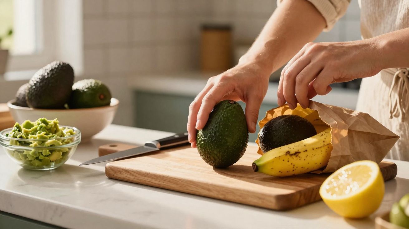 Pessoa a tirar abacate de saco de papel numa cozinha, com banana, limão e abacate picado à vista.