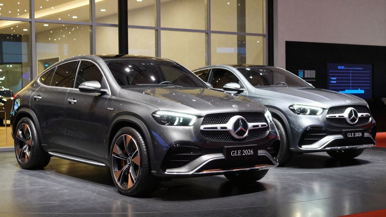 Dois carros Mercedes-Benz GLE 2026 cinza exibidos em espaço interior moderno.