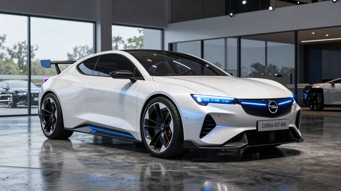 Carro desportivo elétrico branco Opel Corsa VGT 800 estacionado em sala iluminada e moderna.