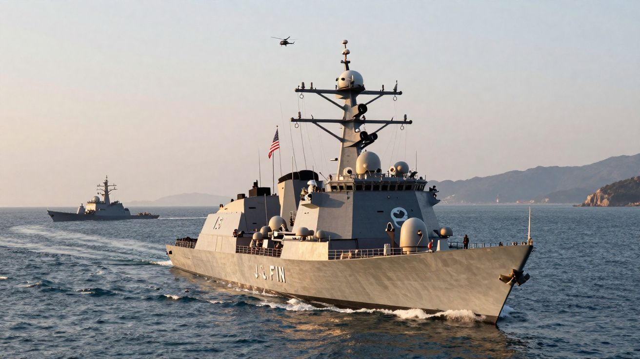 Destroyer da marinha dos EUA navegando no mar com helicóptero voando acima e outra embarcação ao fundo.