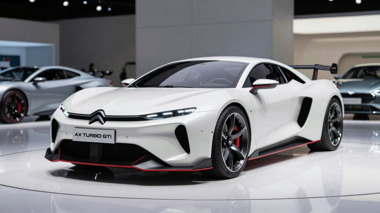 Carro desportivo Citroën AX Turbo GTI branco exposto em salão automóvel moderno.