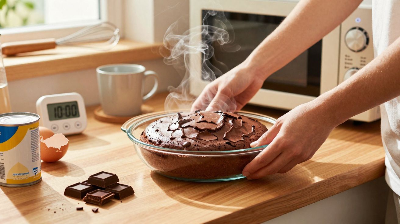Mãos a retirar do forno uma tarte de chocolate fumegante numa taça de vidro sobre bancada de cozinha.