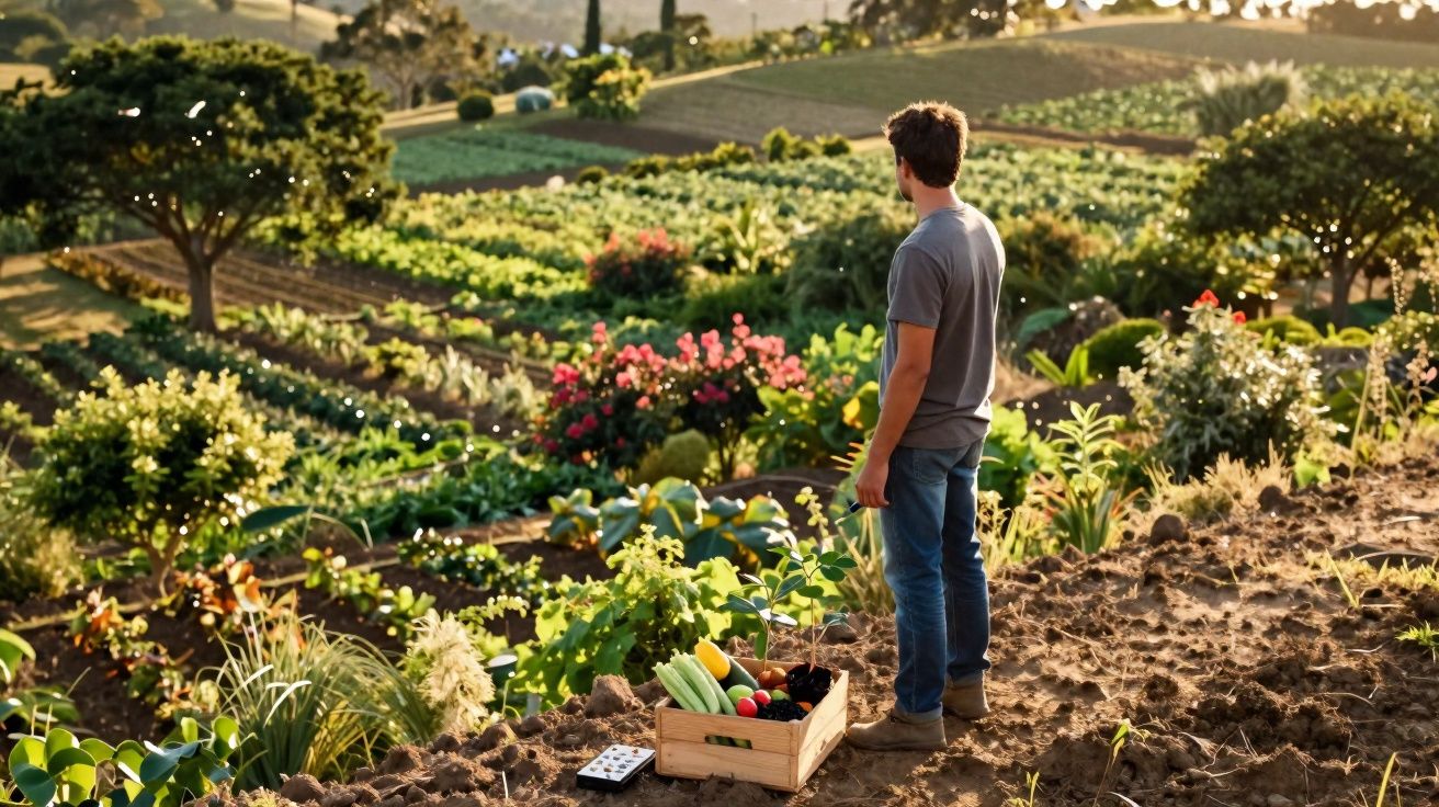 Homem observa horta cheia de vegetais frescos, com caixa de legumes colhidos e paisagem campestre ao fundo.