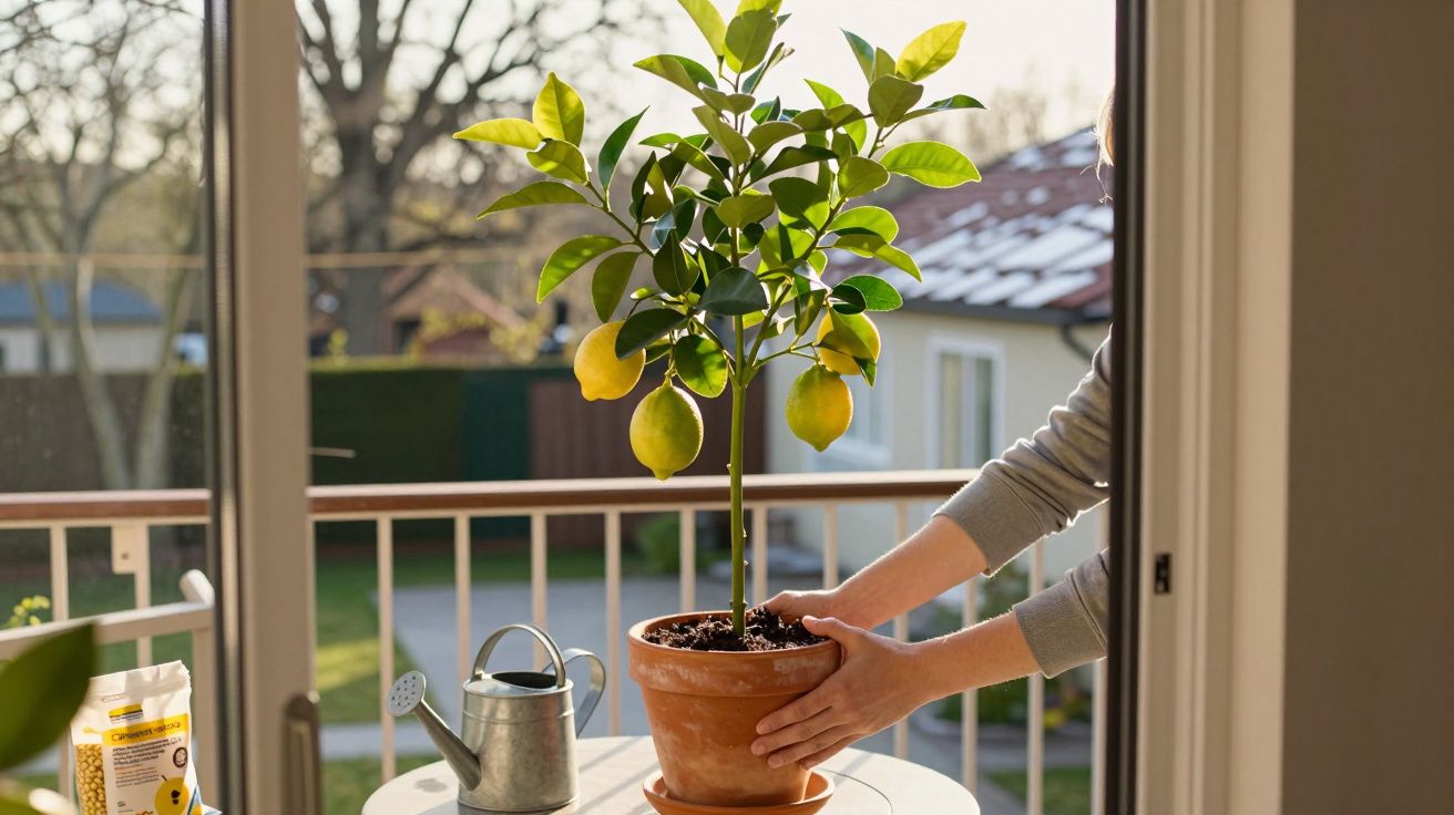 Pessoa a cuidar de limoeiro em vaso numa varanda ao ar livre ao pôr-do-sol.