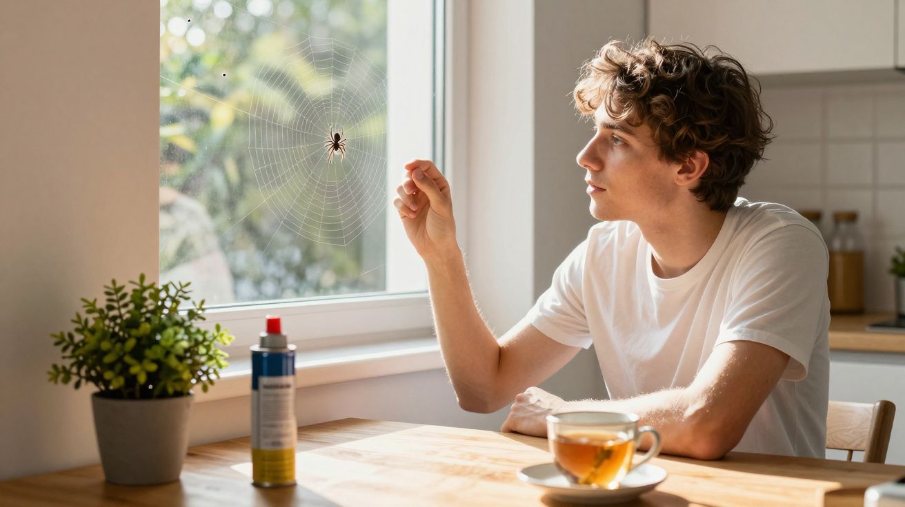 Jovem sentado à mesa observa aranha numa teia na janela, com chá e plantas na mesa.