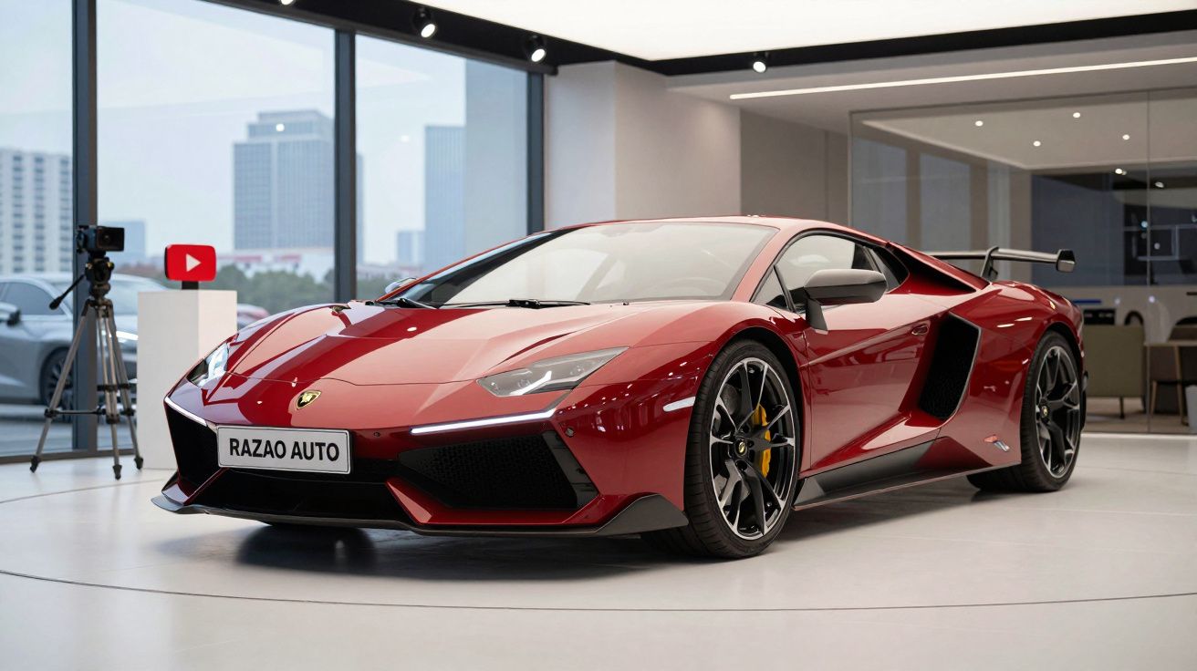 Carro desportivo vermelho brilhante exibido numa sala moderna com grandes janelas e equipamento de gravação.