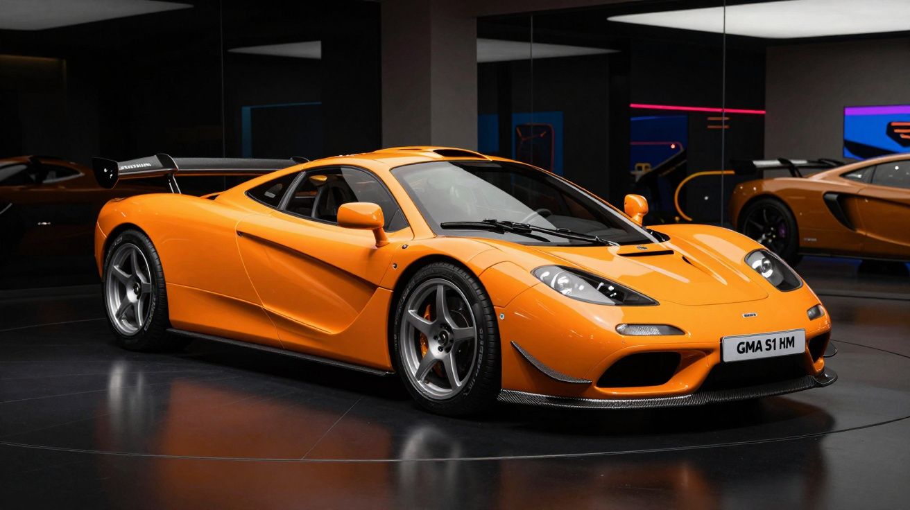 Carro desportivo laranja McLaren F1 em exposição num ambiente fechado com espelhos.