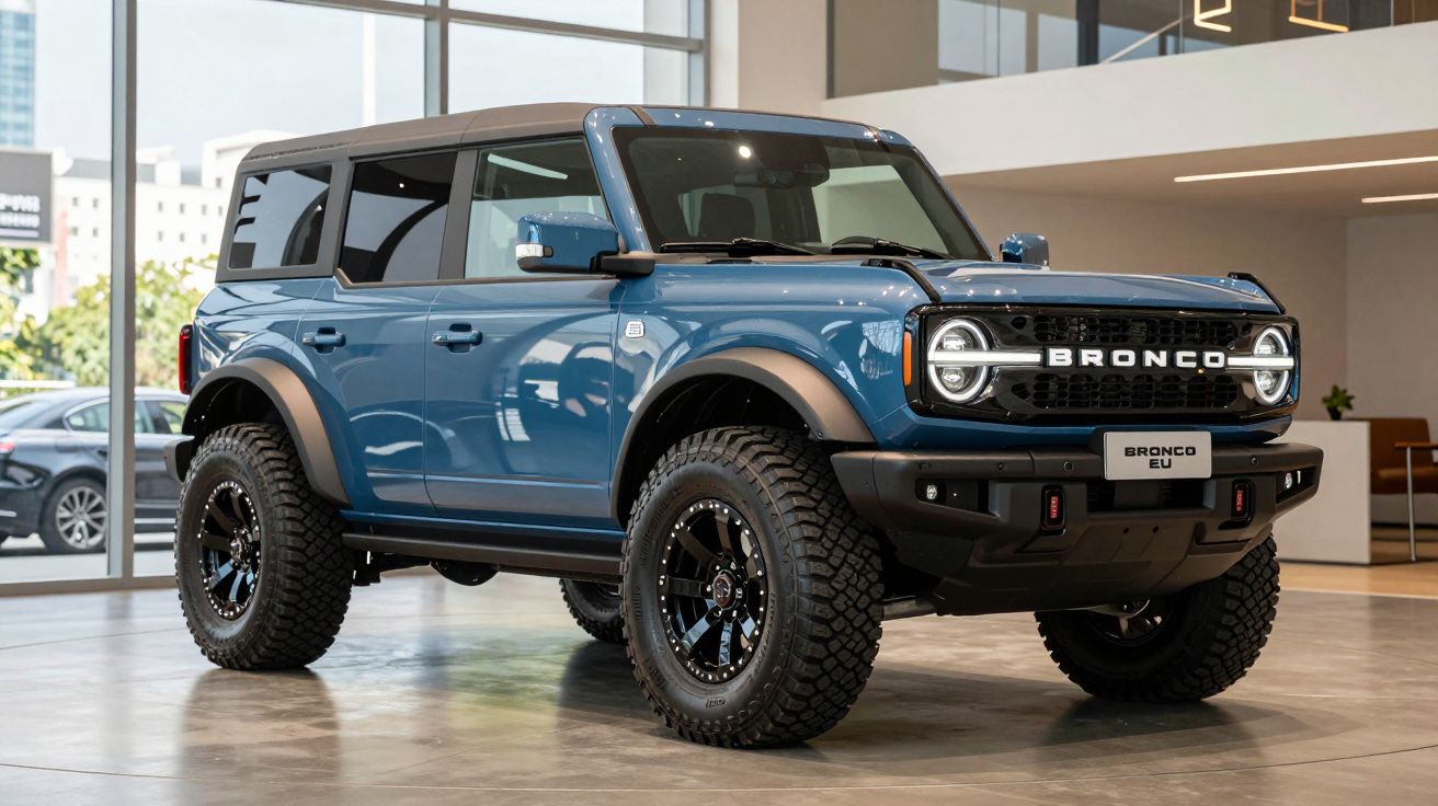 Ford Bronco azul com rodas grandes exposto em espaço interior moderno e luminoso.
