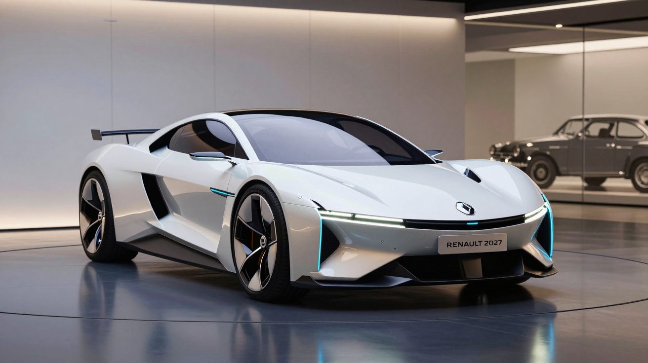 Carro desportivo elétrico concept Renault 2027 branco exposto em sala moderna com automóvel clássico ao fundo.