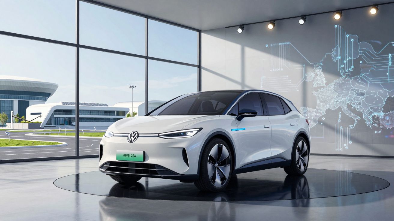 Carro elétrico Volkswagen branco, modelo ID.4, numa sala moderna com grandes janelas e projeção digital na parede.