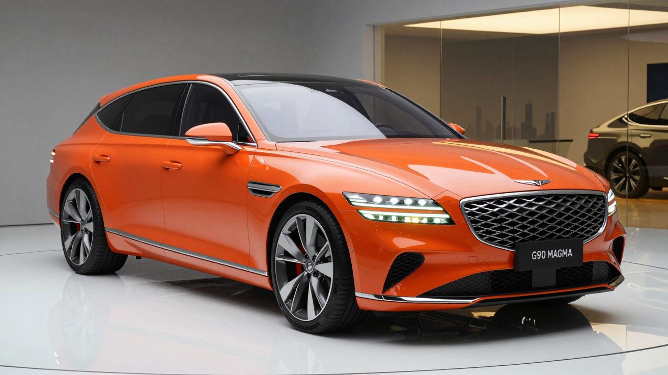 Automóvel familiar esportivo de cor laranja em exposição com faróis LED e jantes de liga leve.