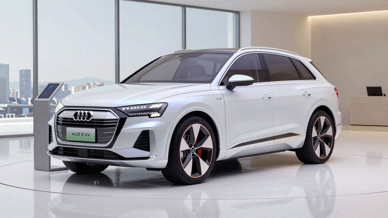 Carro elétrico Audi e-tron branco num showroom moderno com grandes janelas e vista citadina.