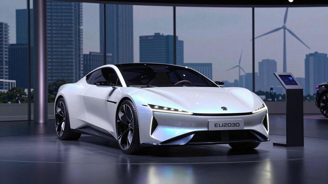 Carro desportivo elétrico branco futurista exibido em exposição com cidade e turbinas eólicas ao fundo.