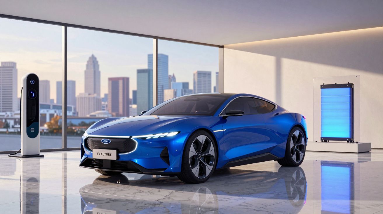 Carro elétrico desportivo azul estacionado num espaço moderno com vista para cidade e estação de carregamento.