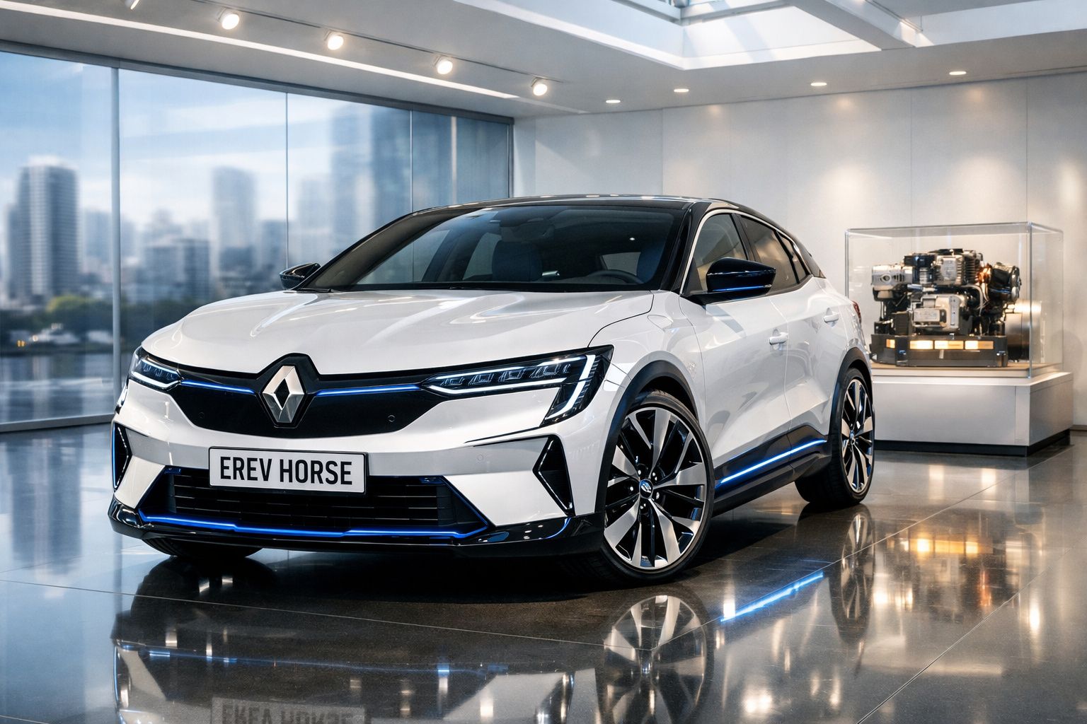 Carro elétrico Renault EREV HORSE branco num showroom com chão refletor e motor em exposição.