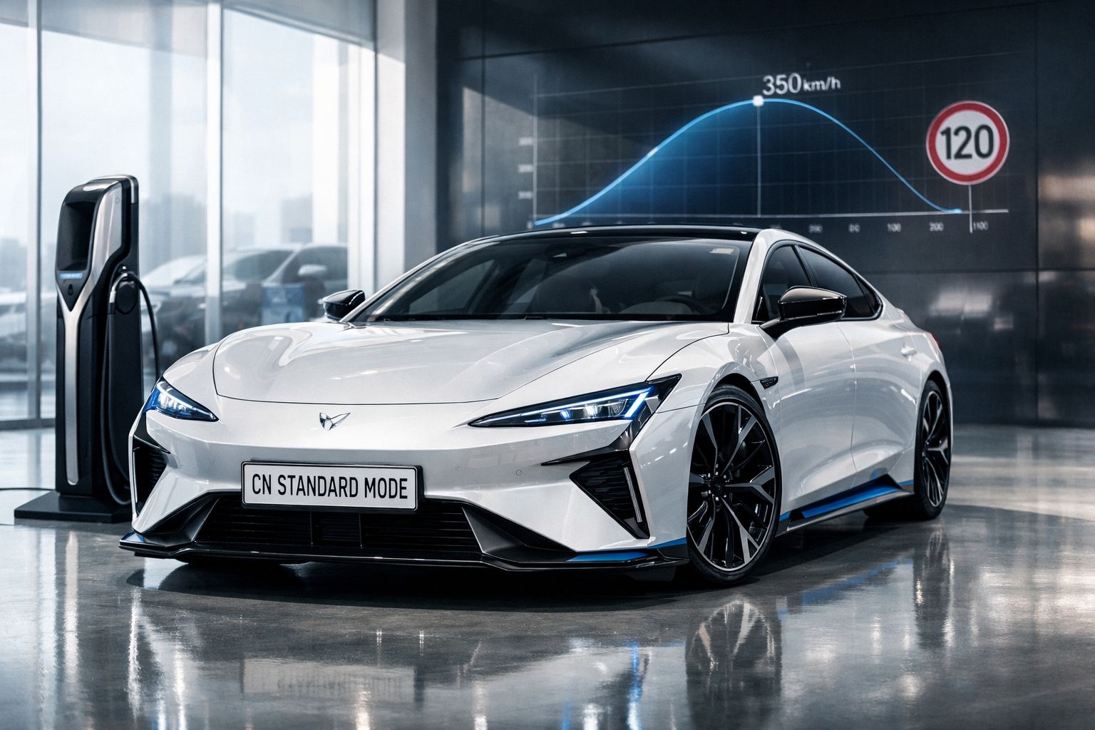 Carro elétrico desportivo branco estacionado junto a posto de carregamento em garagem moderna.