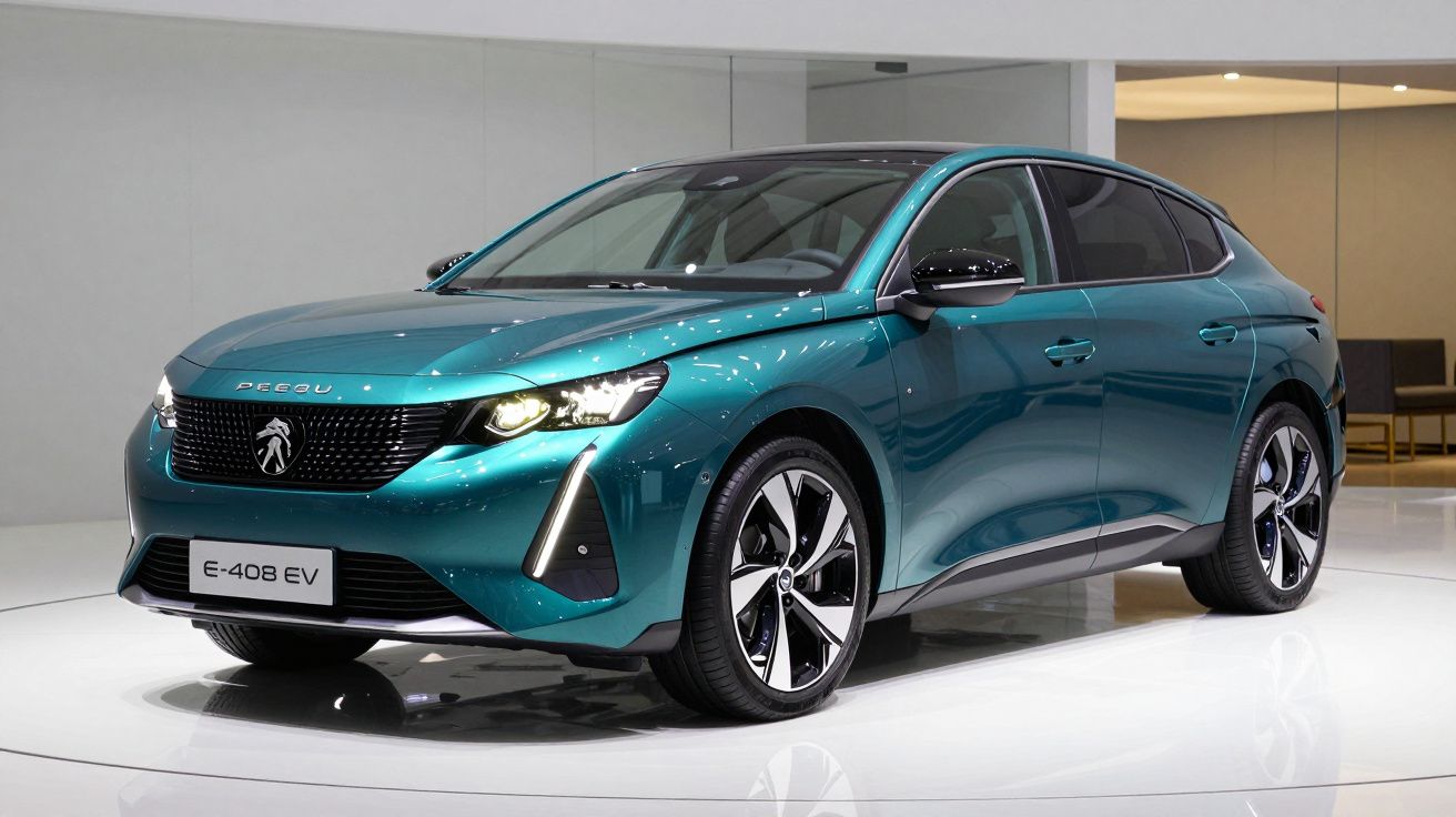 Carro elétrico Peugeot E-408 EV azul exposto em salão com design moderno e linhas aerodinâmicas.
