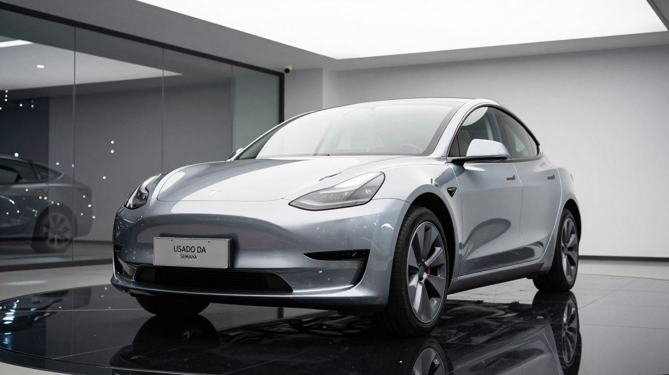 Carro elétrico cinza estacionado em exposição moderna com iluminação branca e chão preto brilhante.