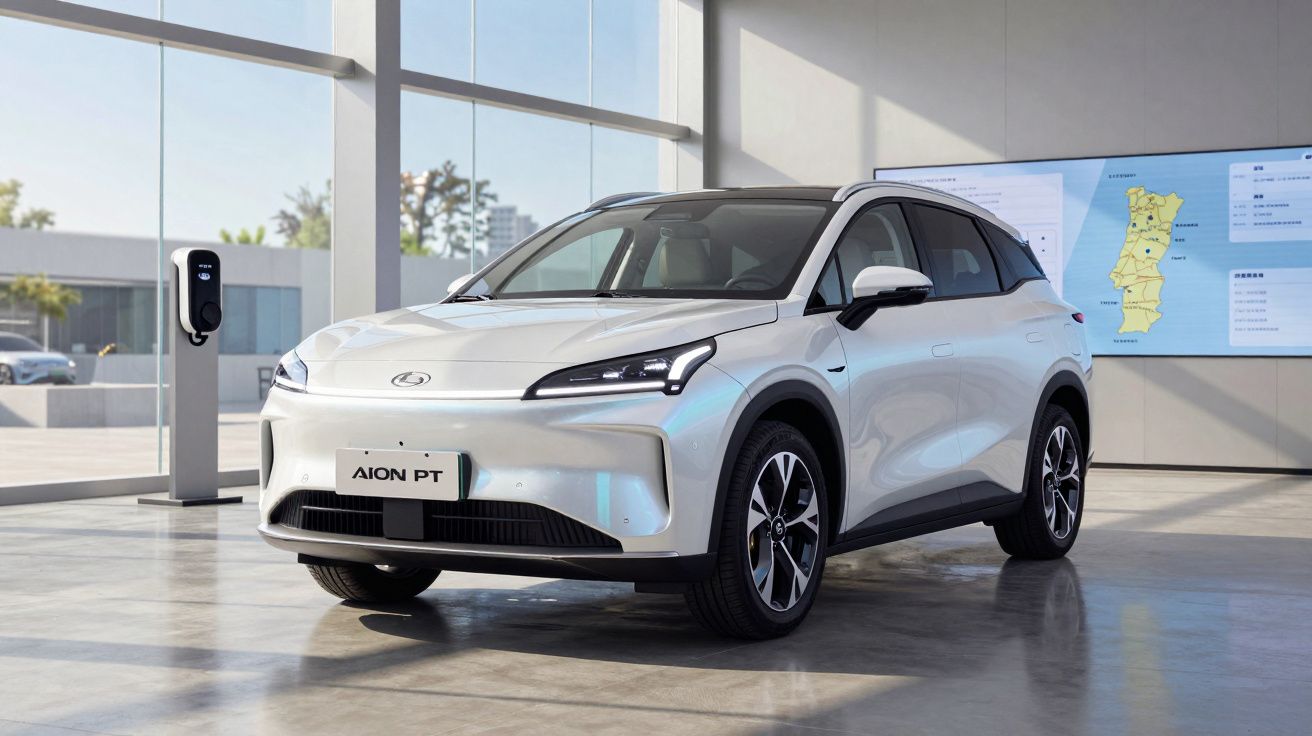 Carro elétrico branco Aion PT estacionado dentro de uma sala com parede de vidro e painel informativo.