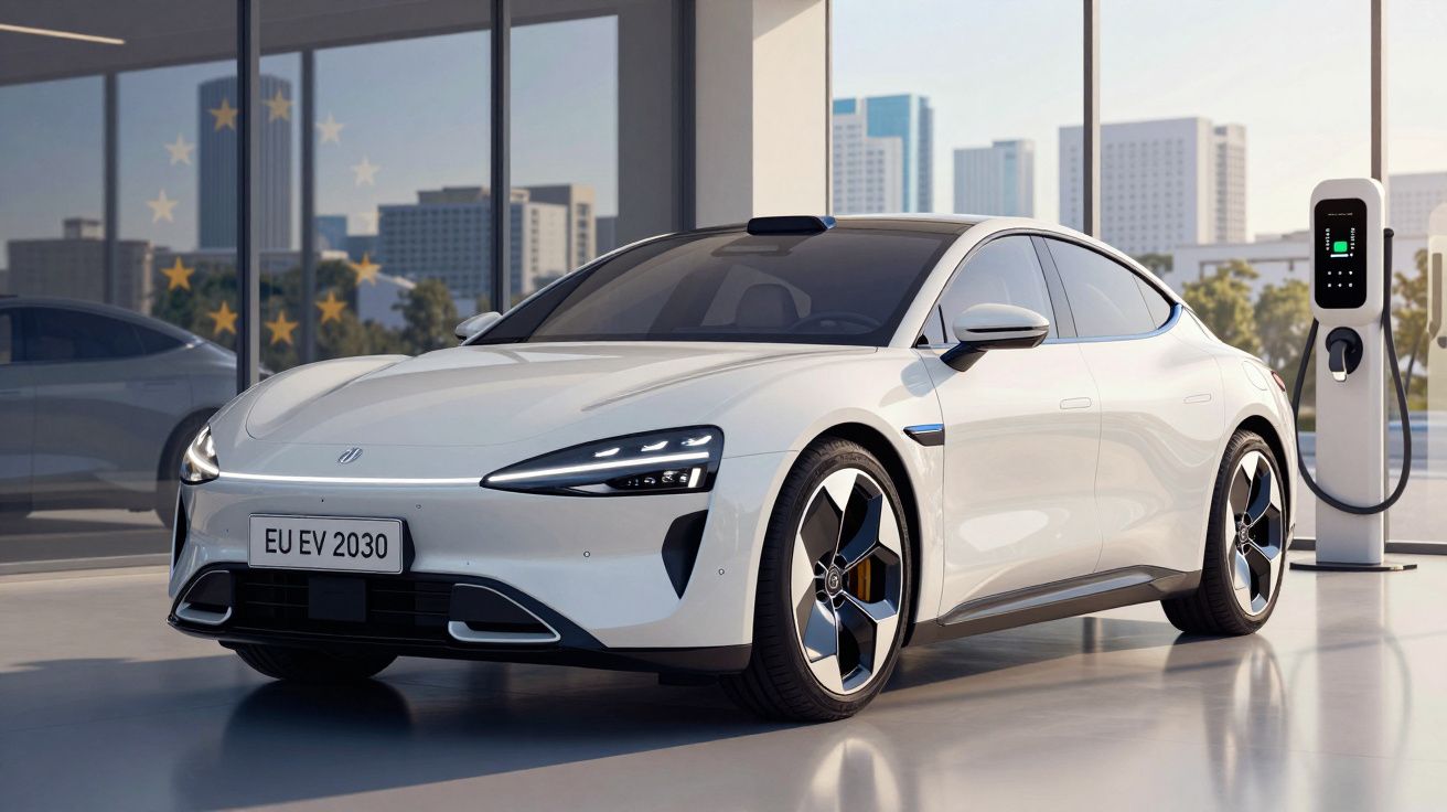 Carro elétrico branco a carregar numa estação de carregamento transparente num ambiente urbano moderno.