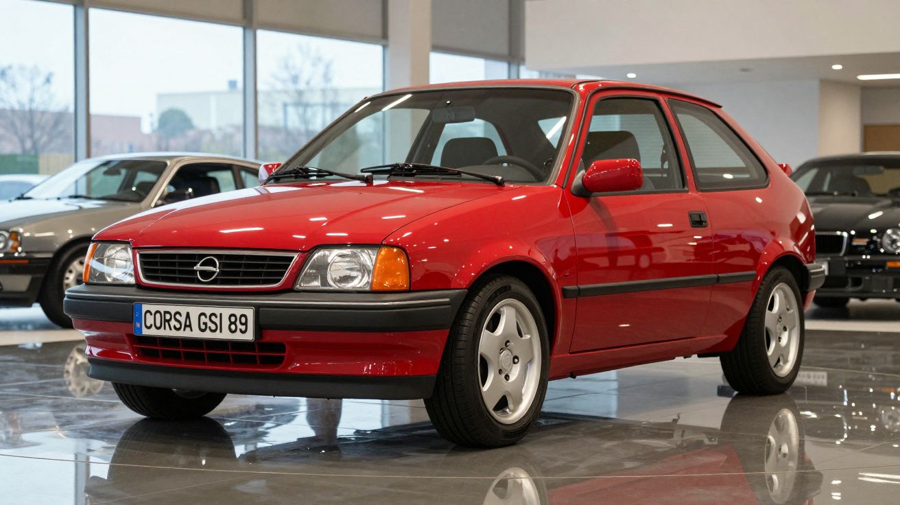 Automóvel vermelho Opel Corsa GSI 89 estacionado em interior com chão refletor e outros carros ao fundo.