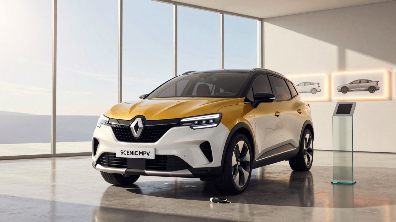 Renault Scenic MPV dourado e branco estacionado numa sala ampla com janelas grandes e luz natural.