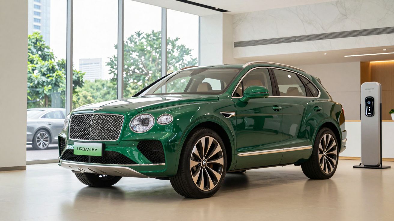 Carro SUV elétrico verde em exposição interior com estação de carregamento ao lado.