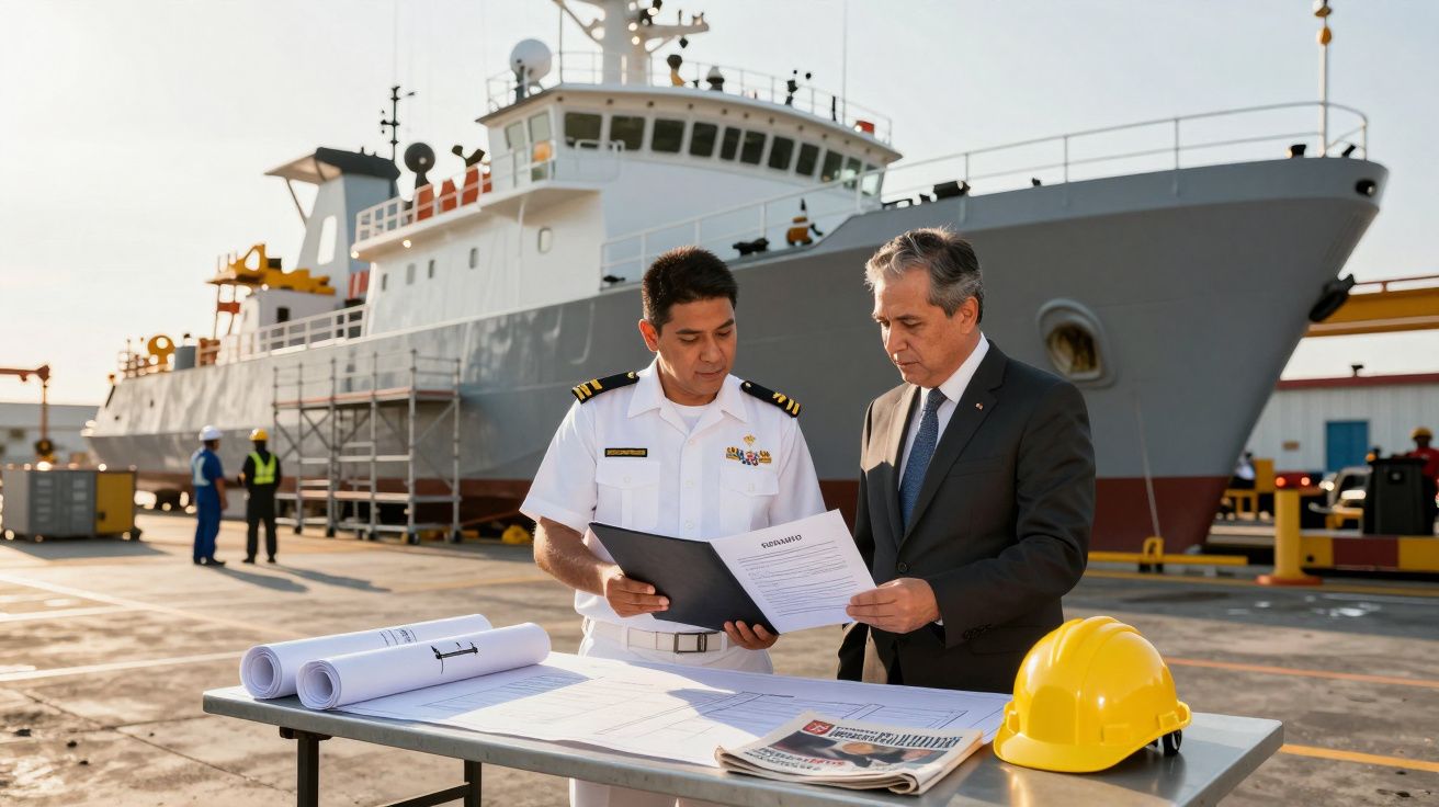 Dois homens, um fardado e outro de fato, analisam documentos num cais de estaleiro com um navio ao fundo.