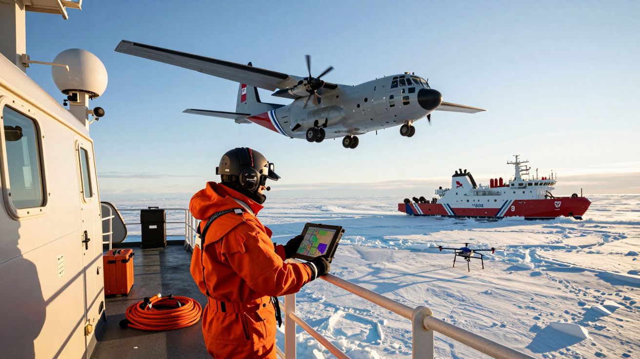 Homem com equipamentos de segurança opera drone em navio, com avião e gelo no mar ao fundo.