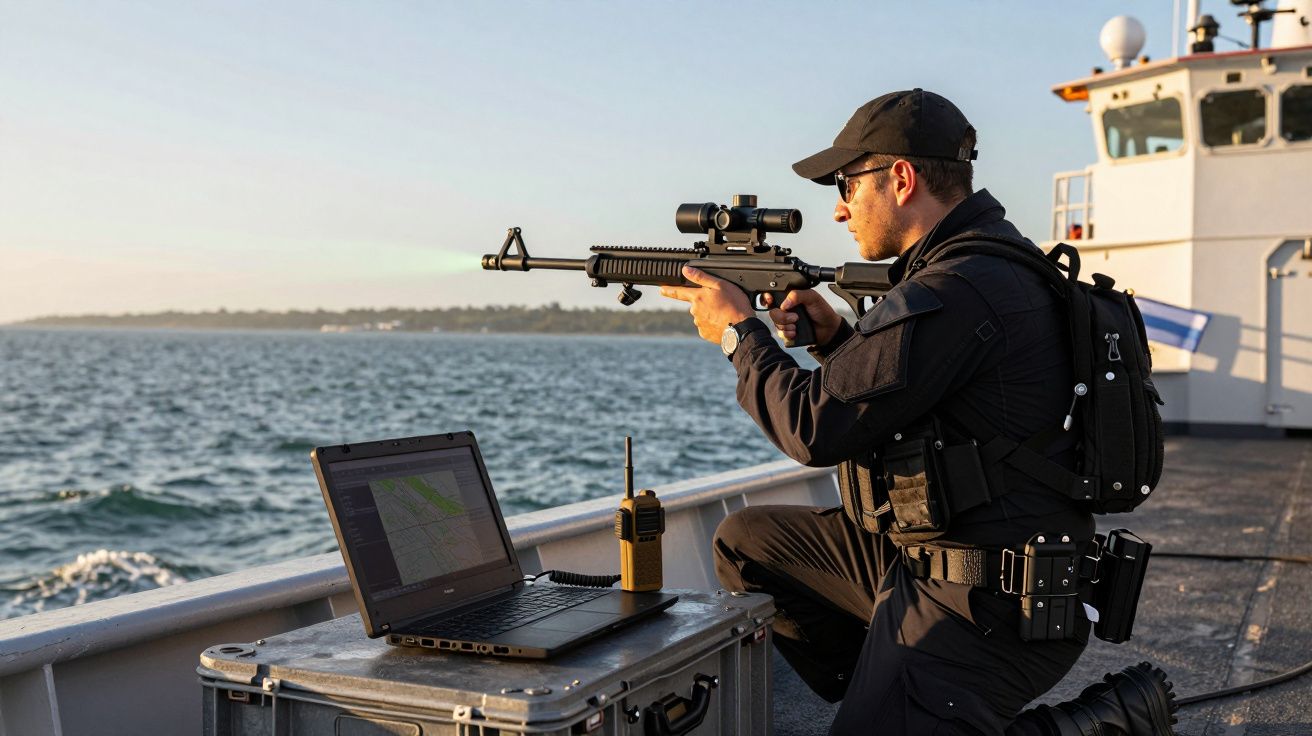Agente armado com fuzil numa embarcação, ao lado de portátil e rádio, vigilando o mar ao pôr do sol.