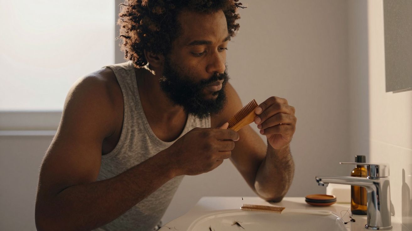 Homem a pentear a barba com pente enquanto está junto a uma pia numa casa de banho iluminada.