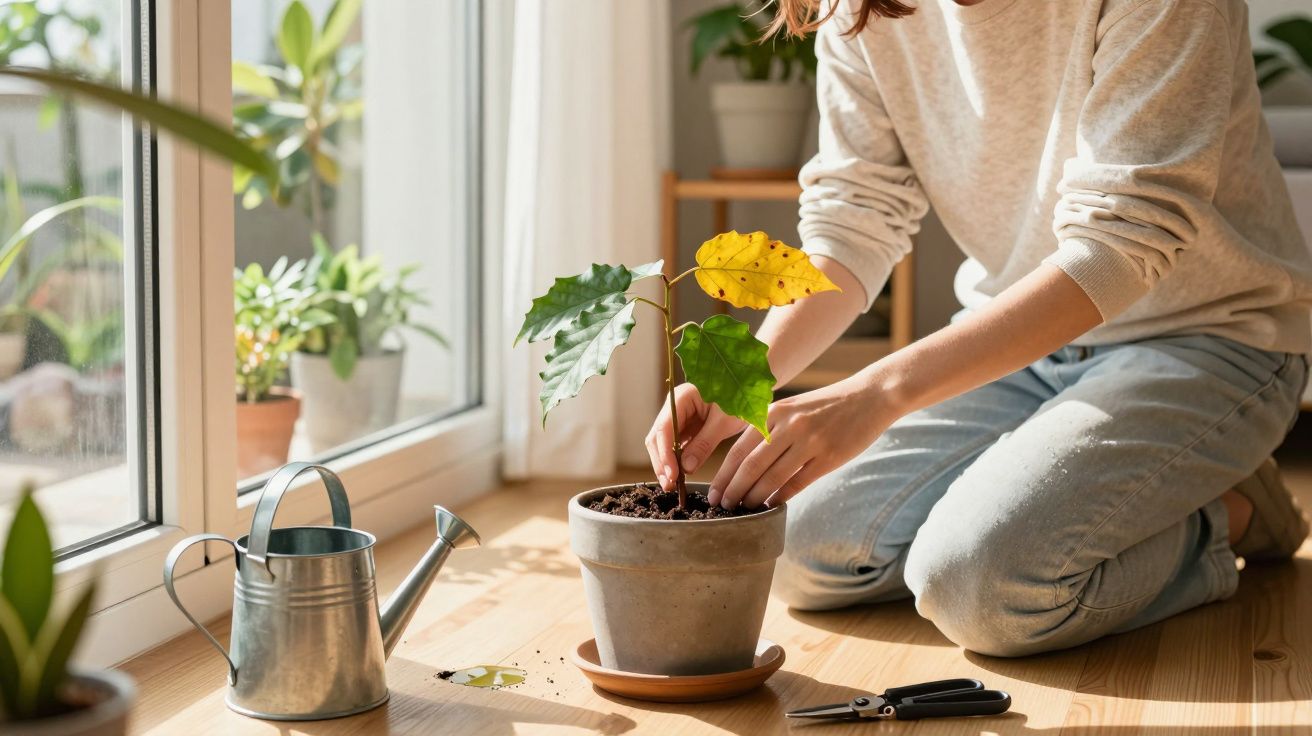 Pessoa a cuidar de planta em vaso perto da janela, com regador e tesoura no chão de madeira.