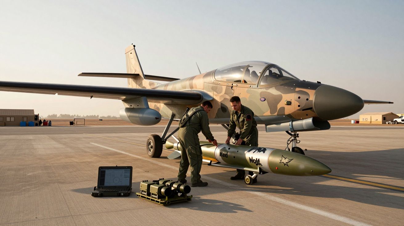 Dois militares pré-param aeronave militar camuflada com equipamento tecnológico e bomba no chão.