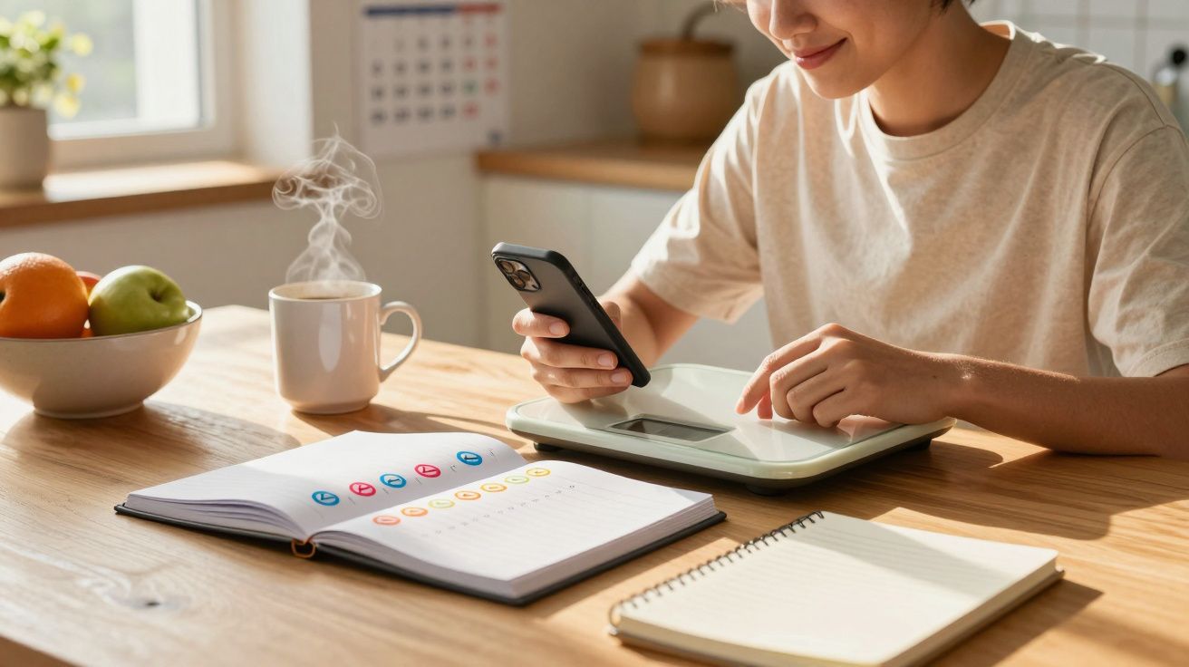 Pessoa sentada a usar balança digital e a consultar telemóvel com agenda e chá quente na mesa de madeira.
