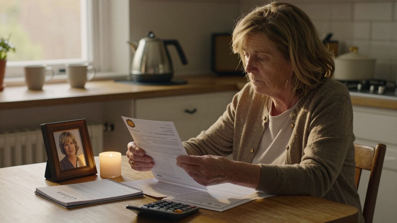 Mulher idosa sentada à mesa da cozinha a ler documento, com fotografias, vela e calculadora à frente.