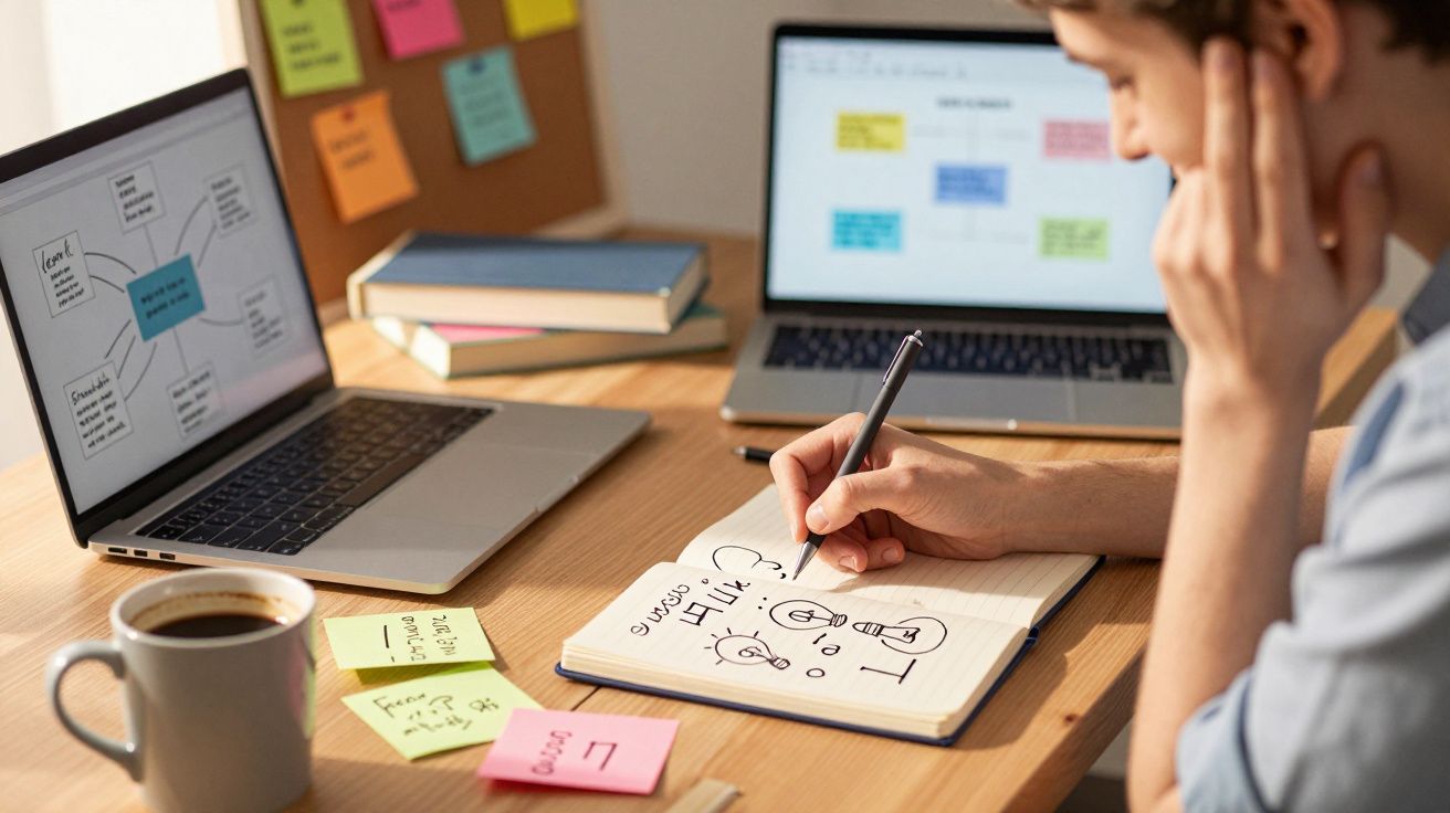 Pessoa a fazer anotações em caderno com dois computadores portáteis e notas adesivas numa secretária de madeira.