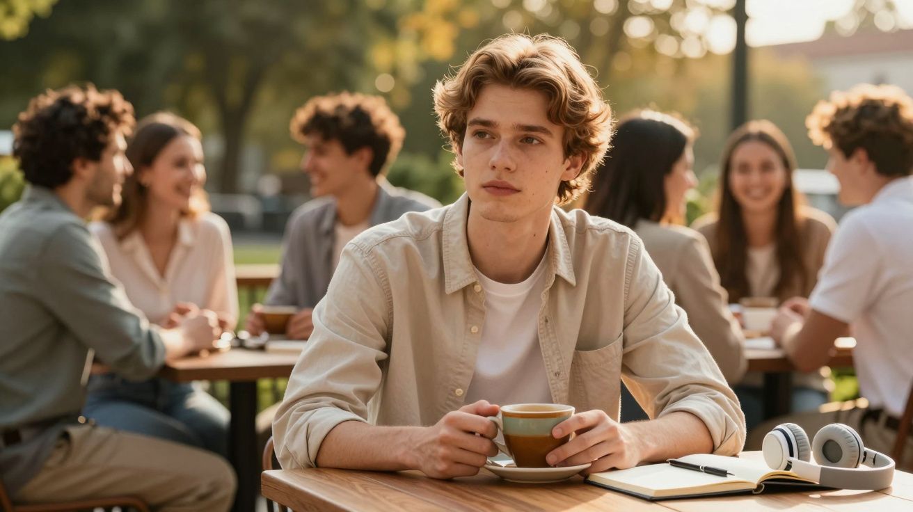 Jovem sentado sozinho com chá numa esplanada, enquanto grupo de amigos conversa ao fundo ao fim da tarde.