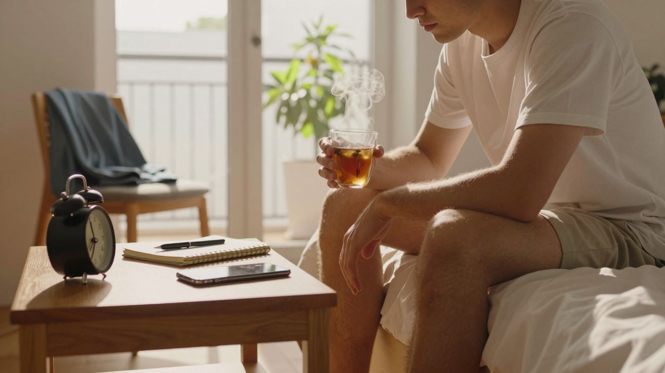 Homem sentado na cama a segurar chá quente enquanto pensa, com despertador e caderno numa mesa à frente.