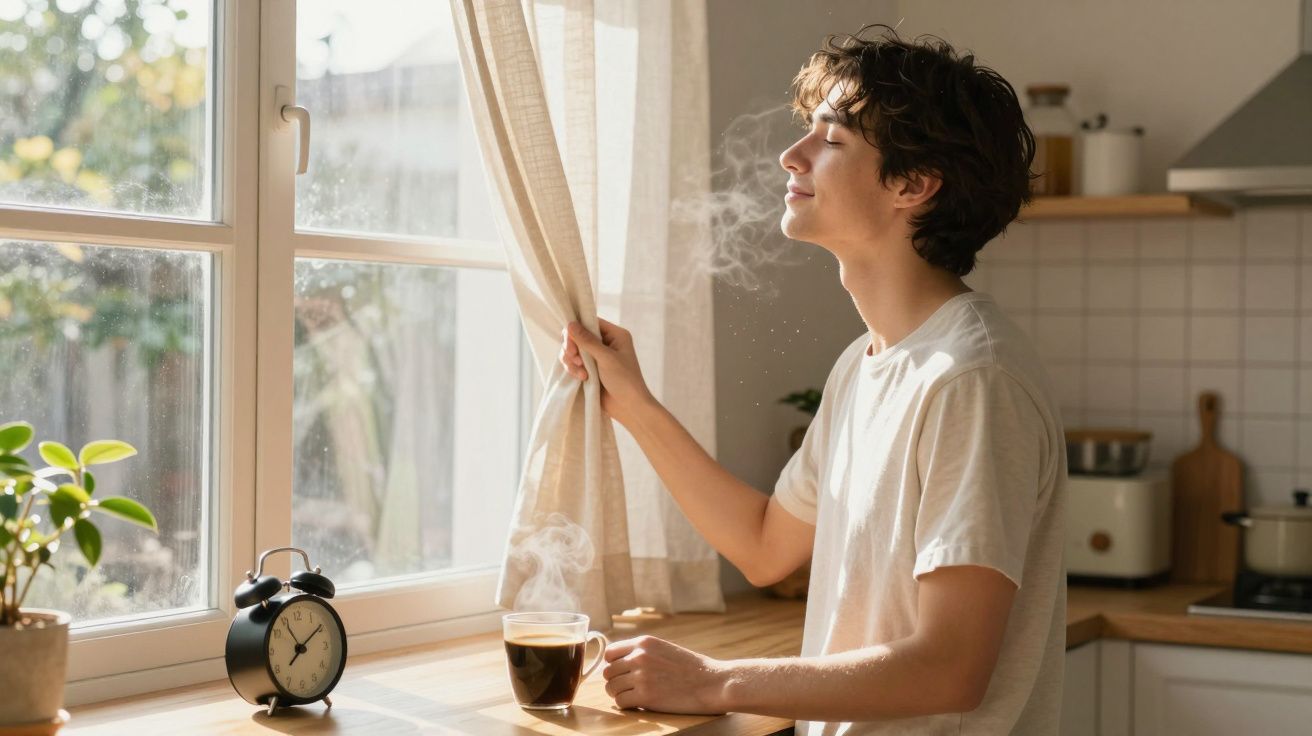 Jovem desfrutando do aroma do café junto a uma janela iluminada pela luz natural.