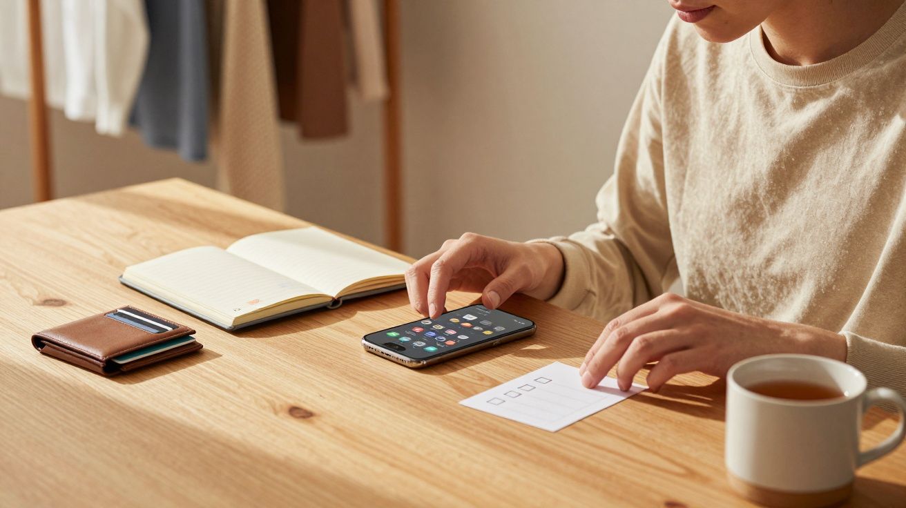Pessoa sentada numa mesa de madeira com smartphone, bloco de notas, carteira, papel com caixas de seleção e chá.