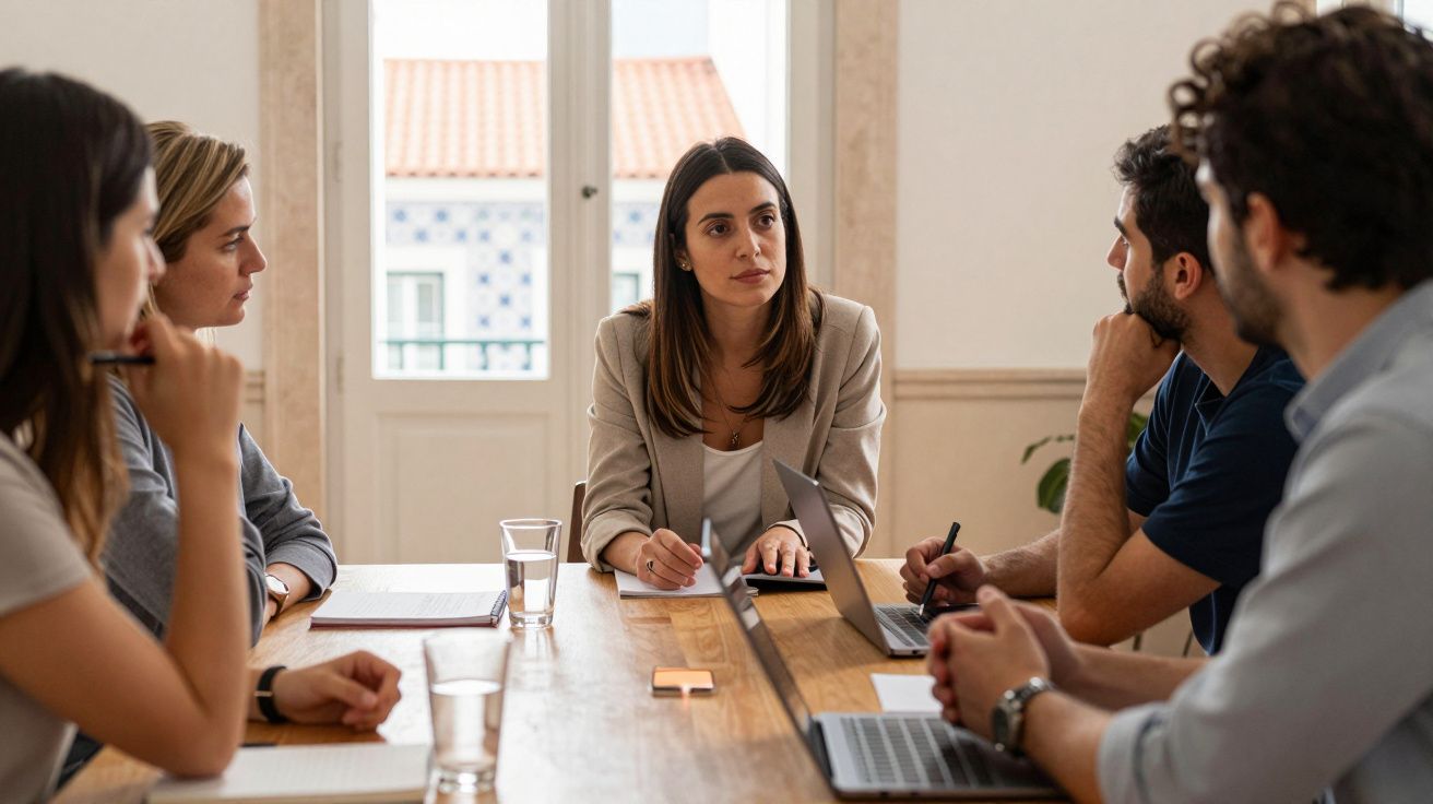 Reunião de trabalho com cinco pessoas sentadas à mesa, discutindo e a tomar notas num escritório iluminado.